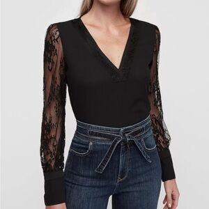 Express Black V Neck Lace Sleeve Top XL